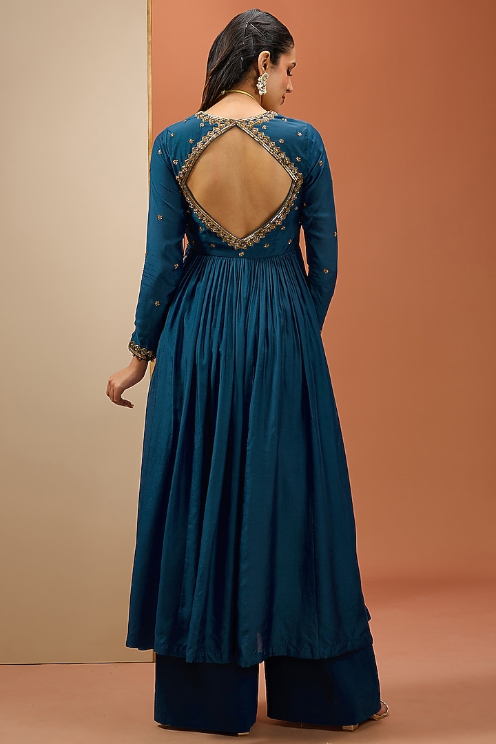 Blue Chanderi Silk & Cotton Hand Embroidered Wedding Anarkali Set by Esha Koul at Pernia's Pop Up Shop