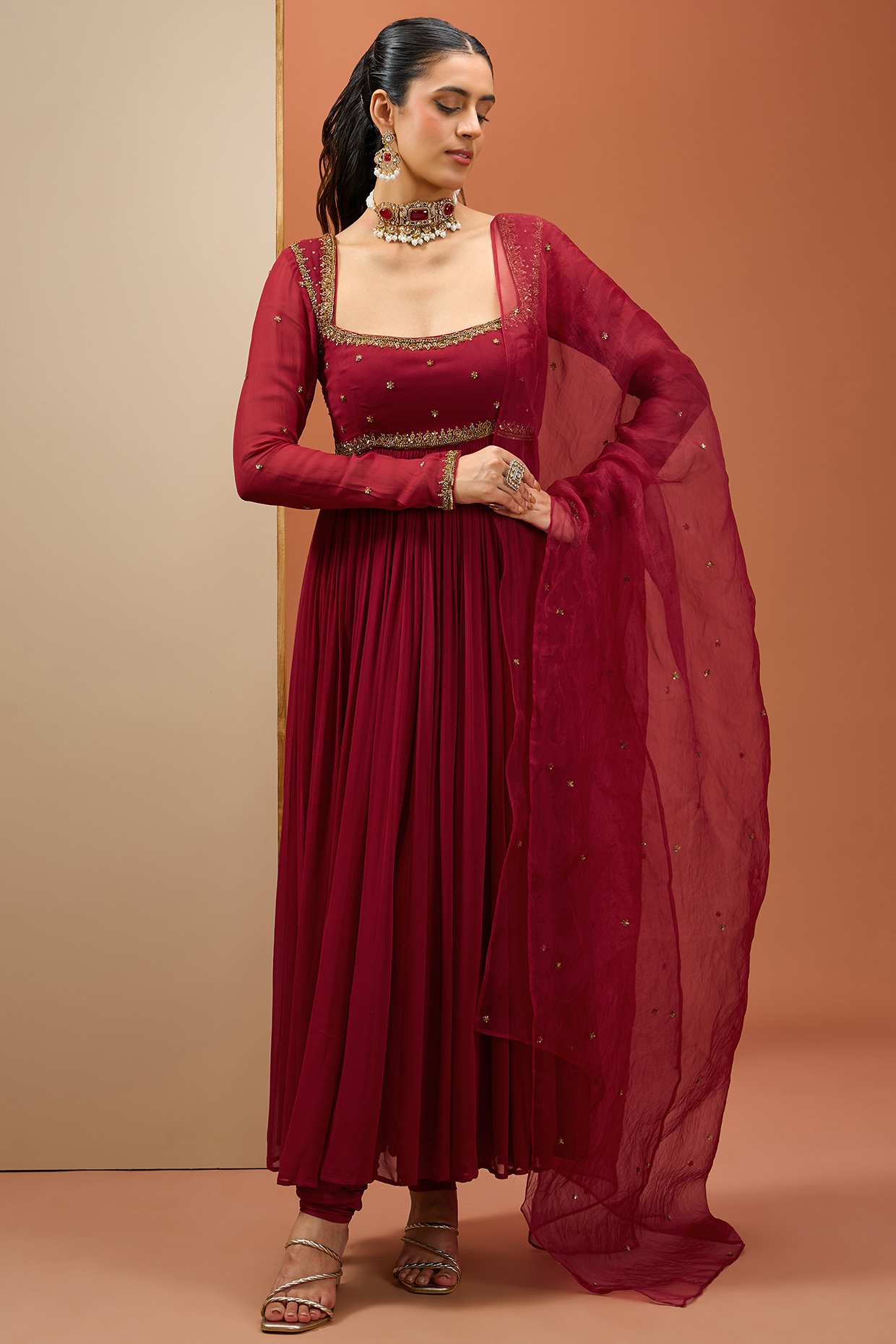 Maroon Georgette & Organza Hand Embroidered Anarkali Set by