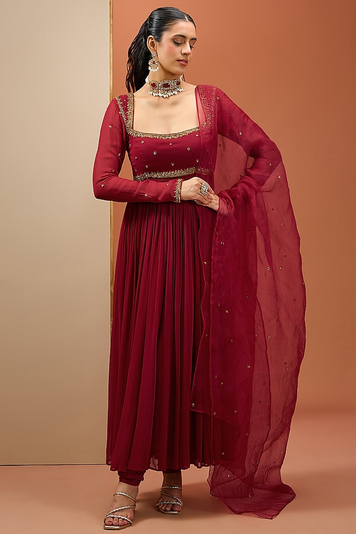 Maroon Georgette & Organza Hand Embroidered Anarkali Set by Esha Koul