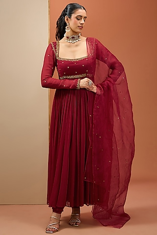 Maroon Georgette & Organza Hand Embroidered Anarkali Set by Esha Koul