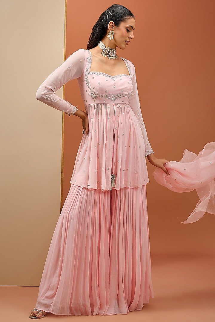 Pink Georgette & Organza Sharara Set by Esha Koul