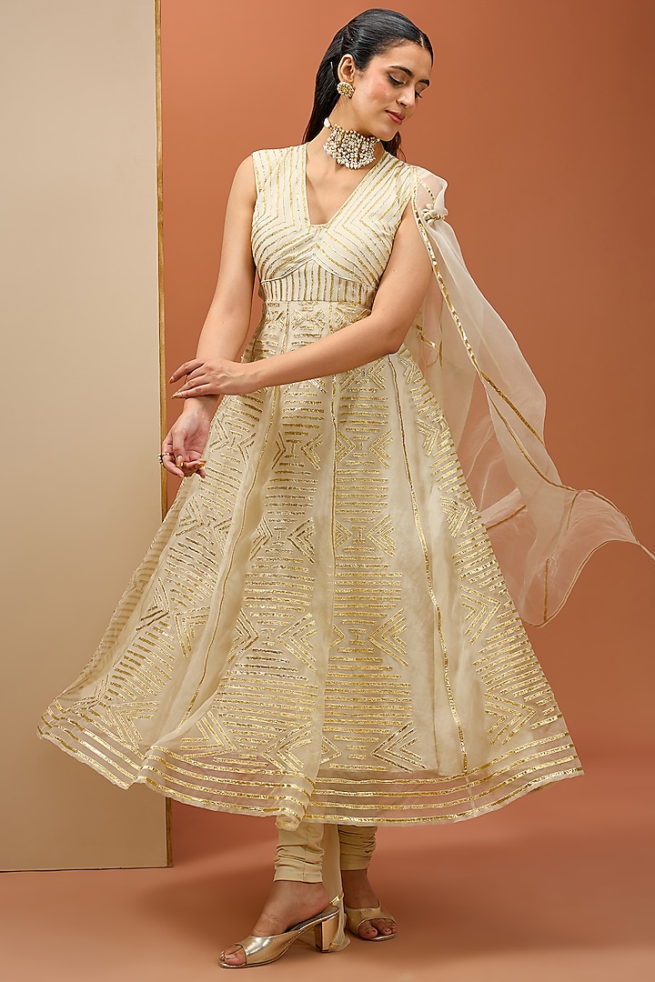 Gold Organza & Chanderi Embroidered Anarkali Set by Esha Koul