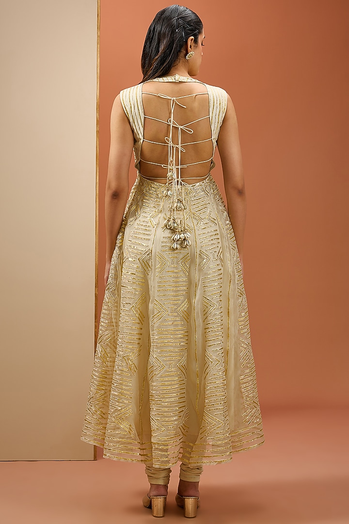 Gold Organza & Chanderi Embroidered Wedding Anarkali Set by Esha Koul at Pernia's Pop Up Shop