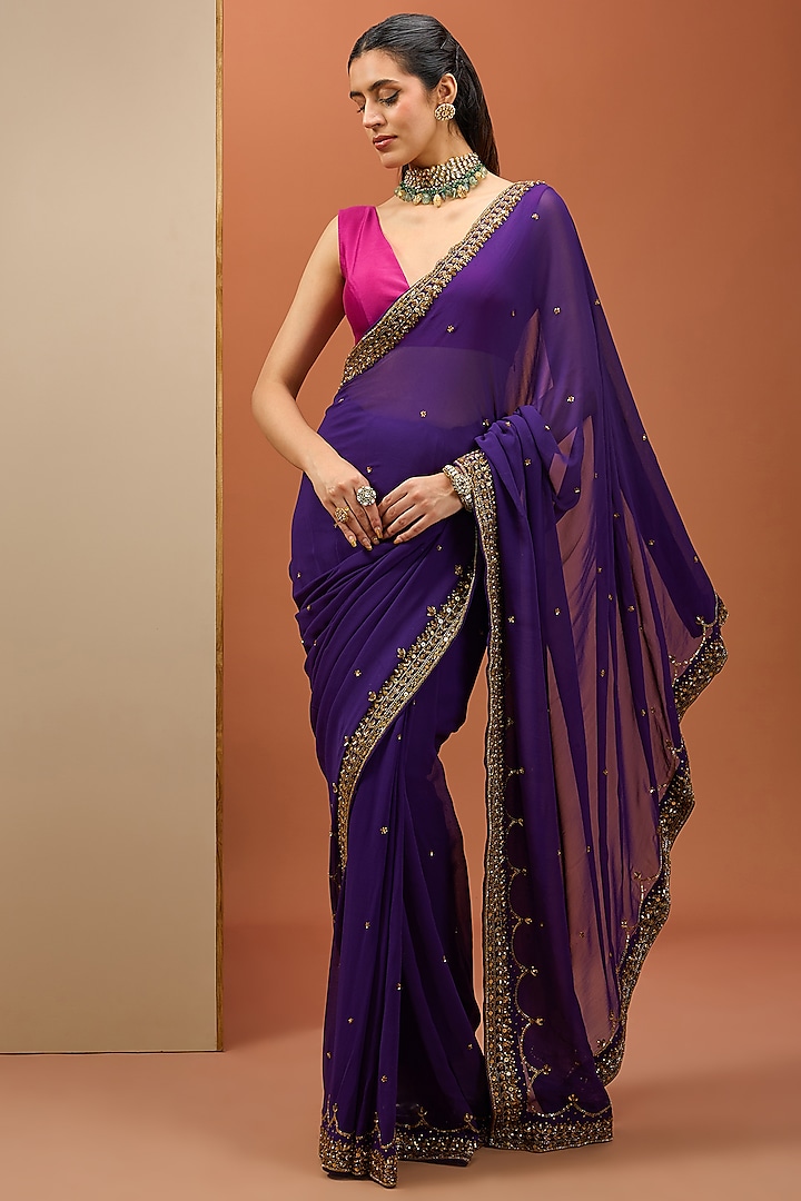 Purple Semi Crepe & Chanderi Hand Embroidered Saree Set by Esha Koul at Pernia's Pop Up Shop