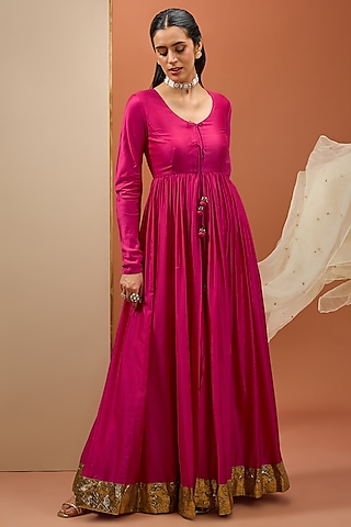 Hot Pink Semi Crepe & Chanderi Anarkali Set by Esha Koul