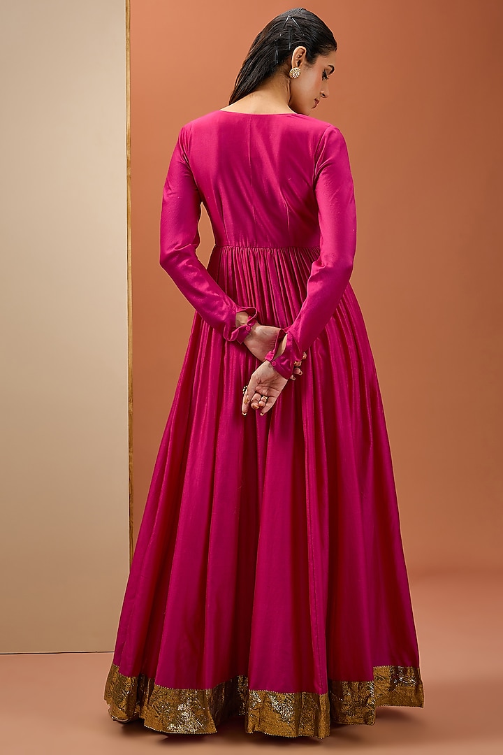 Hot Pink Semi Crepe & Chanderi Party Wear Anarkali Set by Esha Koul at Pernia's Pop Up Shop