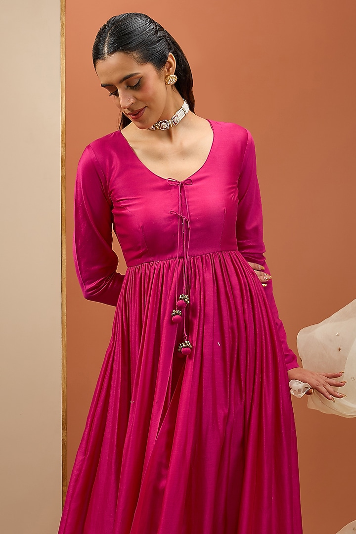 Hot Pink Semi Crepe & Chanderi Party Wear Anarkali Set by Esha Koul at Pernia's Pop Up Shop