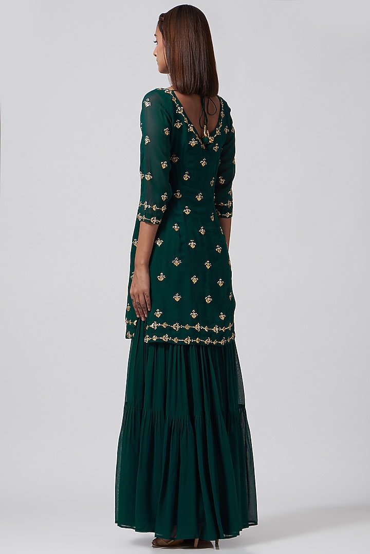 Bottle Green Georgette Wedding Sharara Set by Esha Koul at Pernia's Pop Up Shop