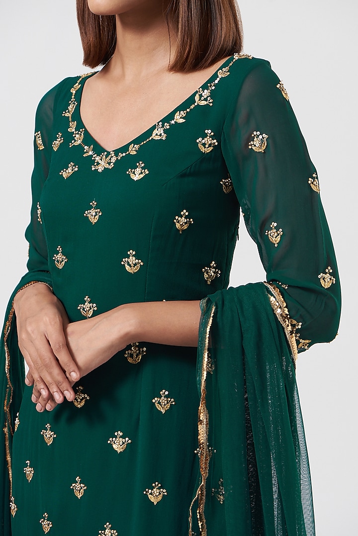 Bottle Green Georgette Wedding Sharara Set by Esha Koul at Pernia's Pop Up Shop