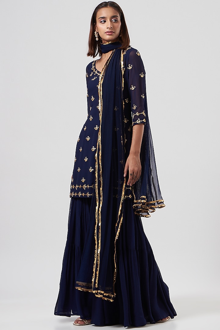 Midnight Blue Georgette Sharara Set by Esha Koul