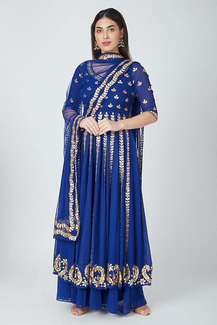 Cobalt Blue Embellished Wedding Anarkali Set by Esha Koul at Pernia's Pop Up Shop