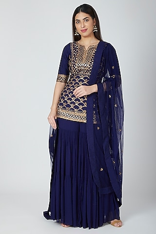 Navy Blue Embroidered Sharara Set by Esha Koul