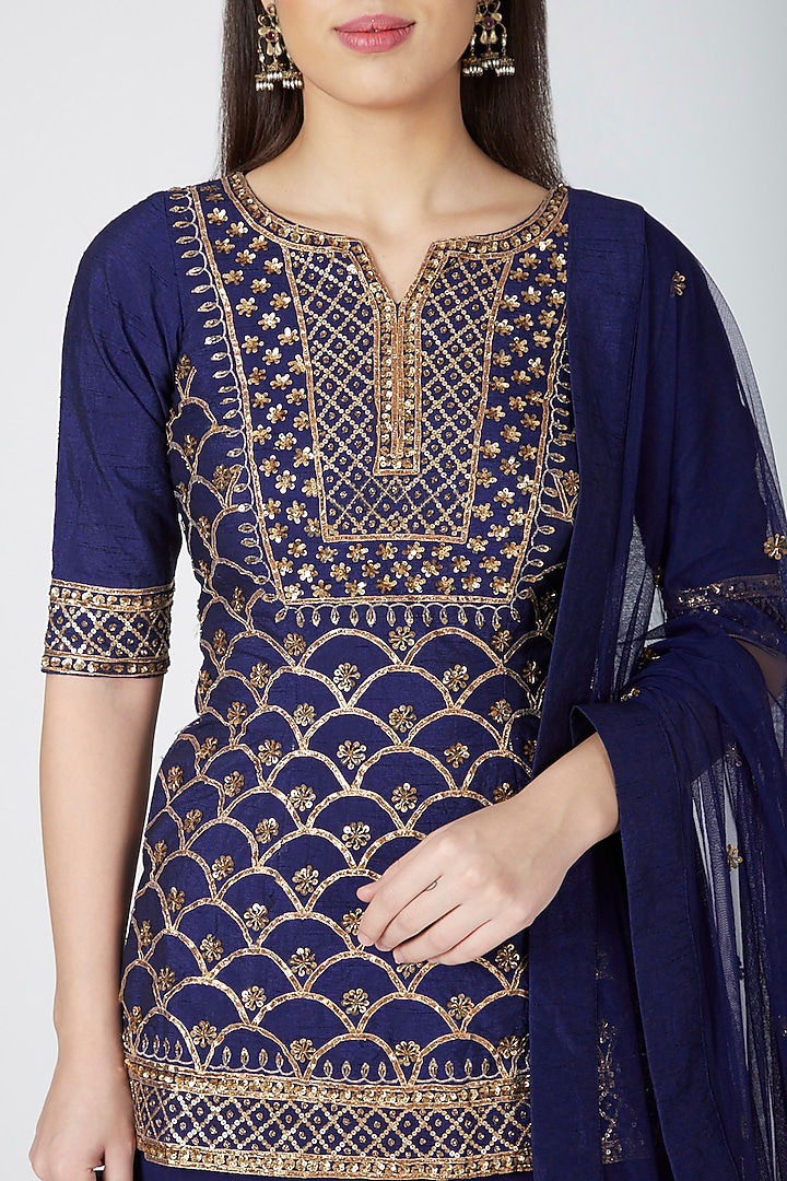 Navy Blue Embroidered Wedding Sharara Set by Esha Koul at Pernia's Pop Up Shop