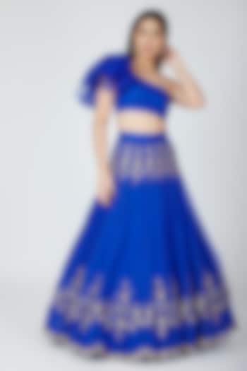 Electric Blue Embellished Skirt With Crop Top by Esha Koul