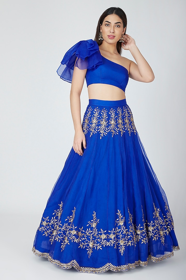 Electric Blue Embellished Skirt With Crop Top by Esha Koul