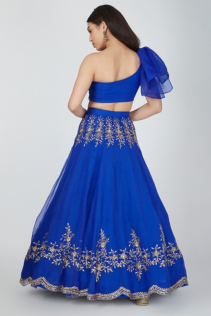 Electric Blue Embellished Skirt With Crop Top by Esha Koul at Pernia's Pop Up Shop