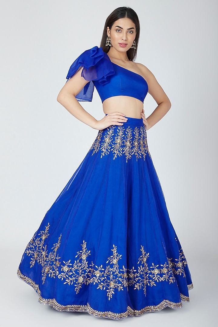 Electric Blue Embellished Skirt With Crop Top by Esha Koul at Pernia's Pop Up Shop