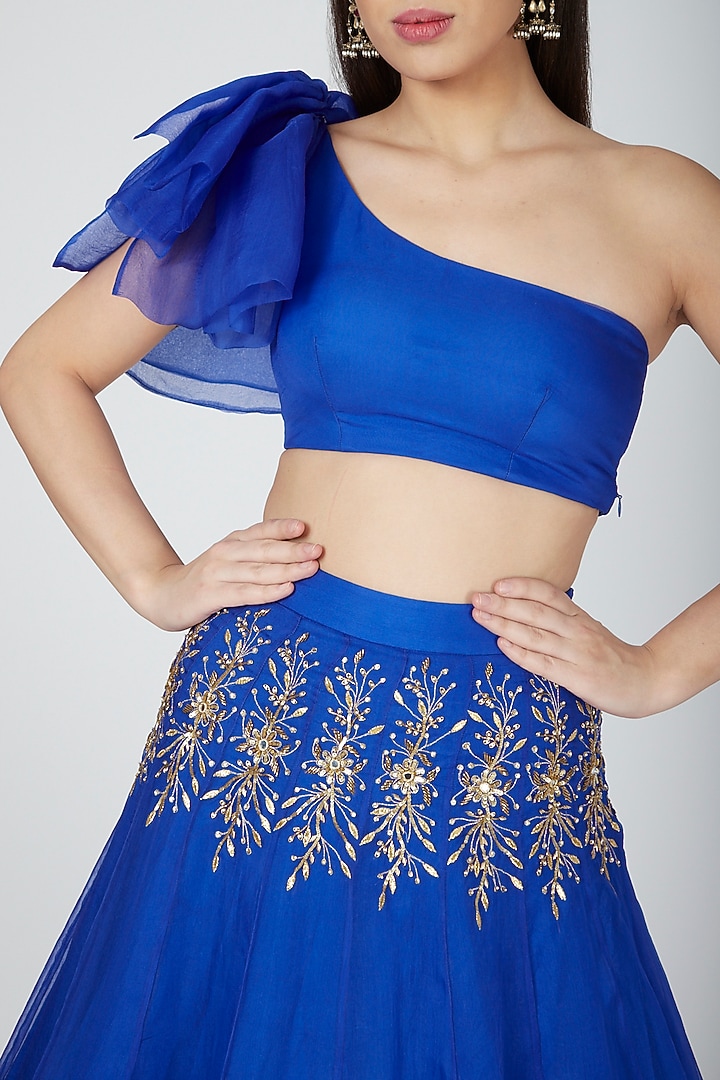 Electric Blue Embellished Skirt With Crop Top by Esha Koul at Pernia's Pop Up Shop