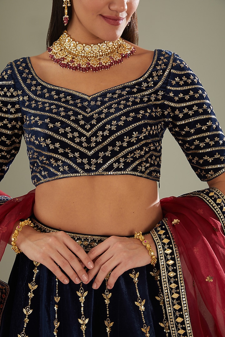 Cobalt Blue Embroidered Wedding Lehenga Set by Esha Koul at Pernia's Pop Up Shop