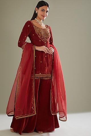 Red Velvet Sharara Set by Esha Koul