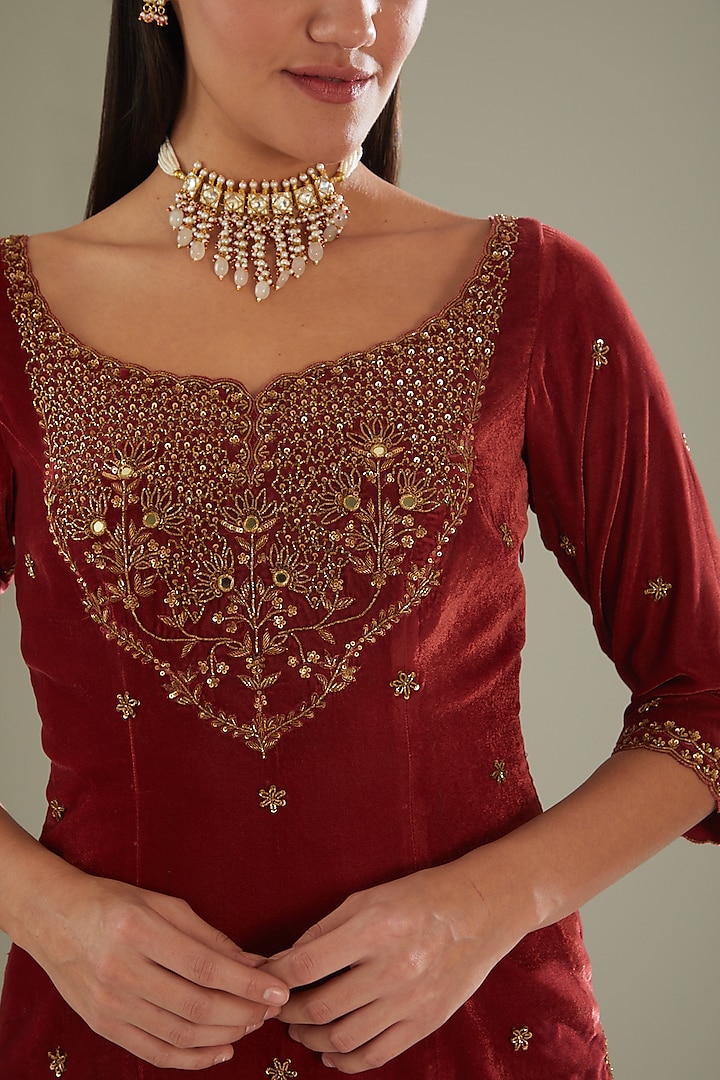 Red Velvet Wedding Sharara Set by Esha Koul at Pernia's Pop Up Shop