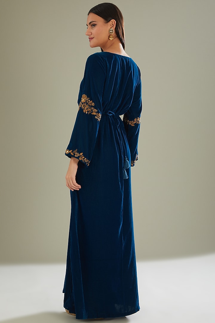 Teal Blue Embroidered Kaftan Kurta by Esha Koul at Pernia's Pop Up Shop