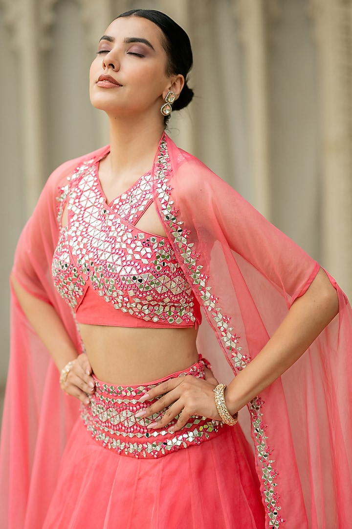 Pink Organza Mirror Embroidered Jacket Wedding Lehenga Set by Esha Koul at Pernia's Pop Up Shop