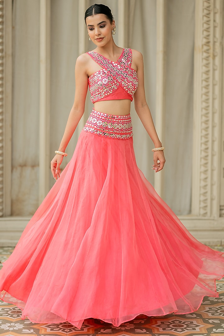 Pink Organza Mirror Embroidered Jacket Wedding Lehenga Set by Esha Koul at Pernia's Pop Up Shop