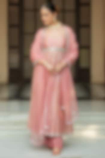 Onion Pink Chanderi Mirror Embellished Wedding Anarkali Set by Esha Koul at Pernia's Pop Up Shop