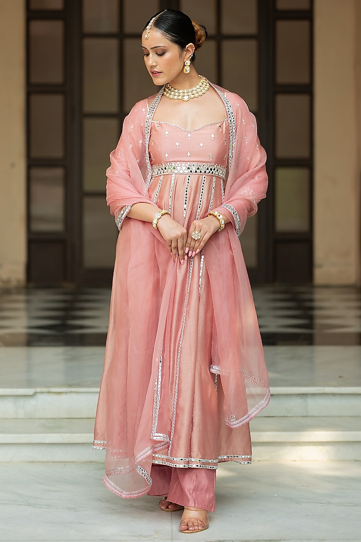 Onion Pink Chanderi Mirror Embellished Wedding Anarkali Set by Esha Koul at Pernia's Pop Up Shop