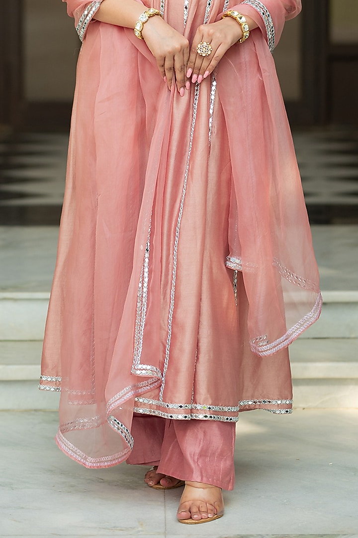 Onion Pink Chanderi Mirror Embellished Wedding Anarkali Set by Esha Koul at Pernia's Pop Up Shop