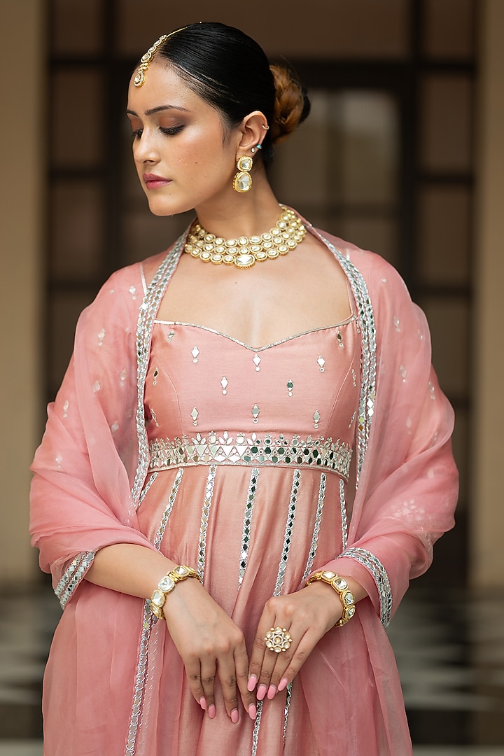 Onion Pink Chanderi Mirror Embellished Wedding Anarkali Set by Esha Koul at Pernia's Pop Up Shop