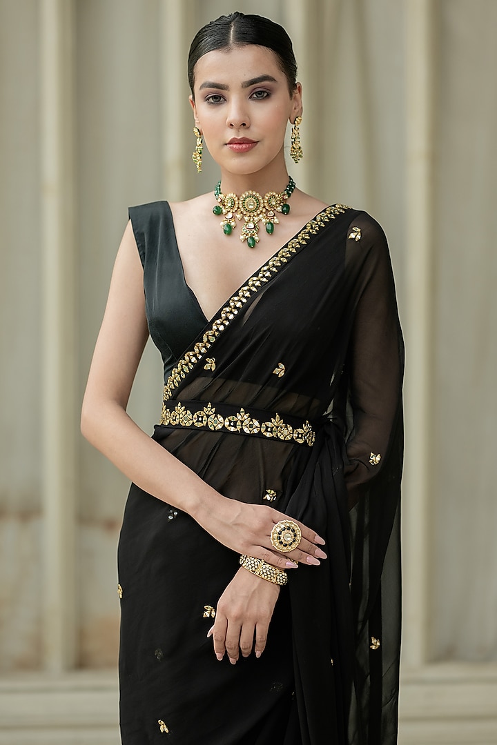 Black Georgette Pre-Draped Wedding Saree Set by Esha Koul at Pernia's Pop Up Shop