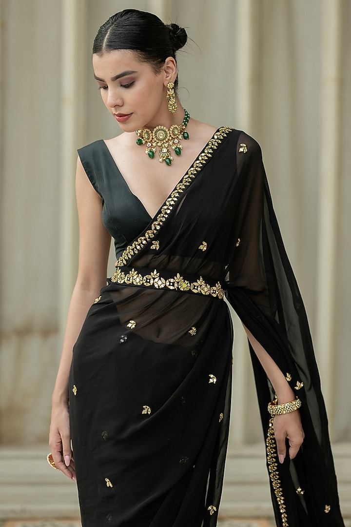 Black Georgette Pre-Draped Wedding Saree Set by Esha Koul at Pernia's Pop Up Shop