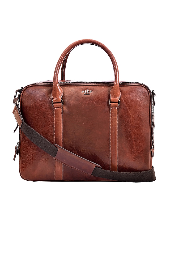 British Tan Leather Laptop Bag Design by ESKE at Pernia's Pop Up Shop 2023
