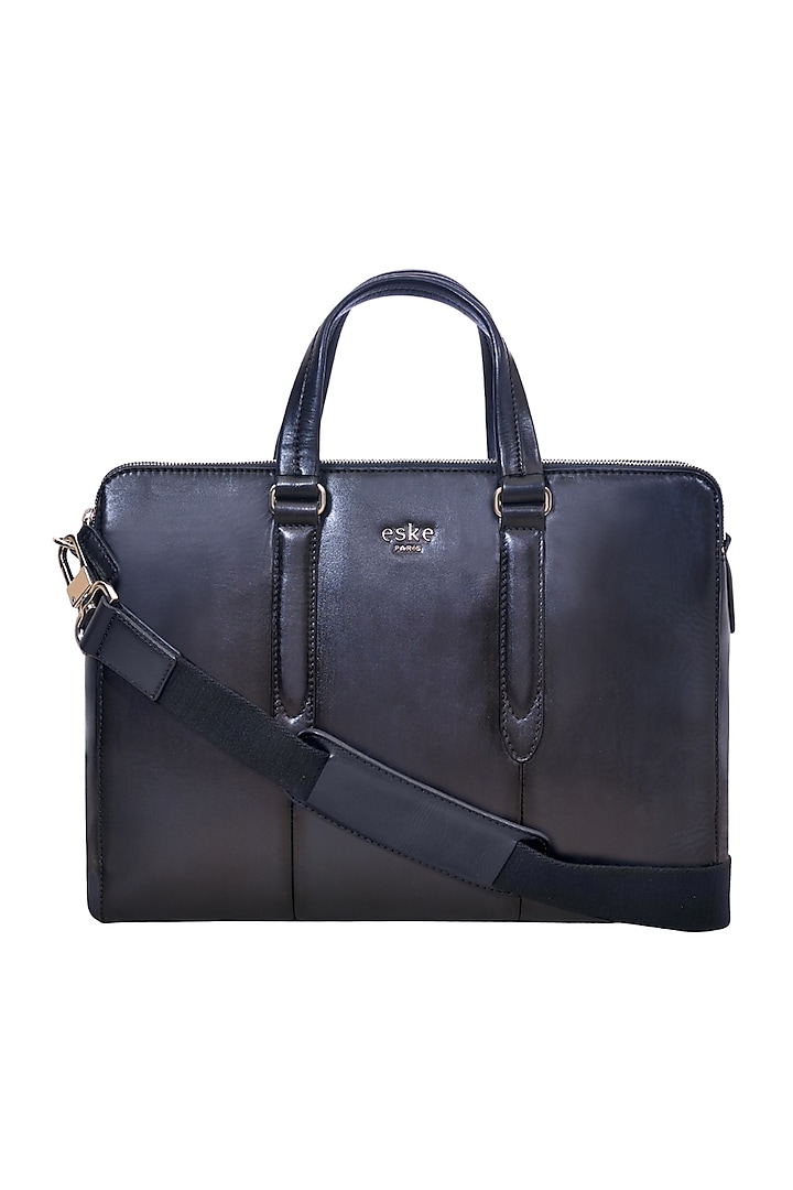 Navy Blue Laptop Bag In Leather Design by ESKE at Pernia's Pop Up Shop 2023