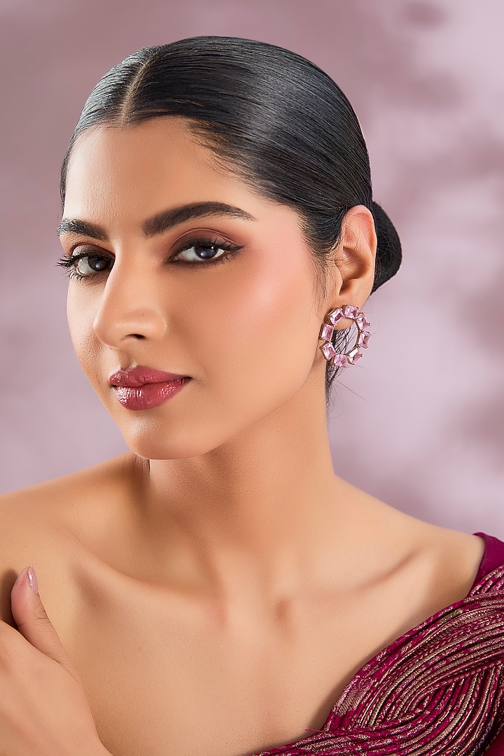 Silver Finish Rose Light Pink Stone Hoop Earrings by ESME at Pernia's Pop Up Shop