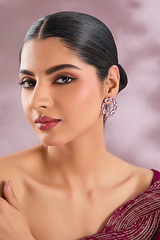 Silver Finish Rose Light Pink Stone Hoop Earrings by ESME