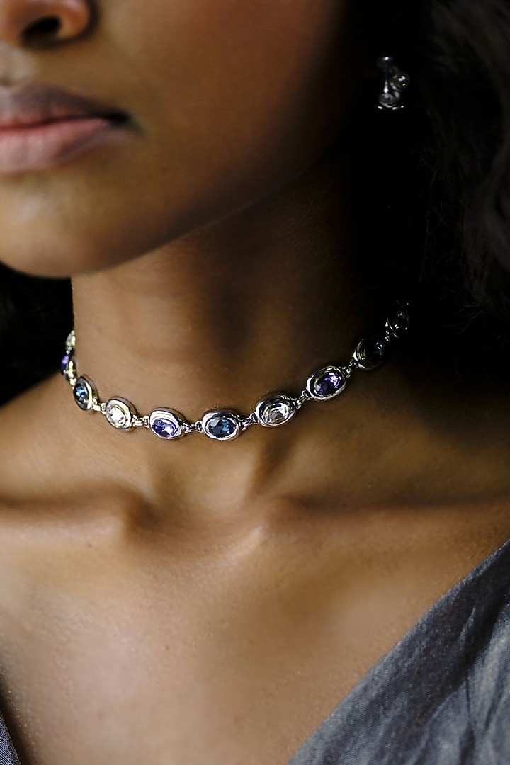 White Rhodium Finish Blue & Silver Swarovski Choker Necklace by ESME at Pernia's Pop Up Shop