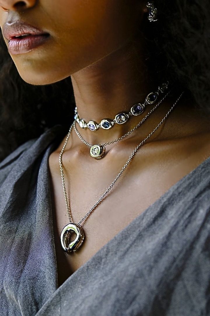 White Rhodium Finish Blue & Silver Swarovski Choker Necklace by ESME at Pernia's Pop Up Shop
