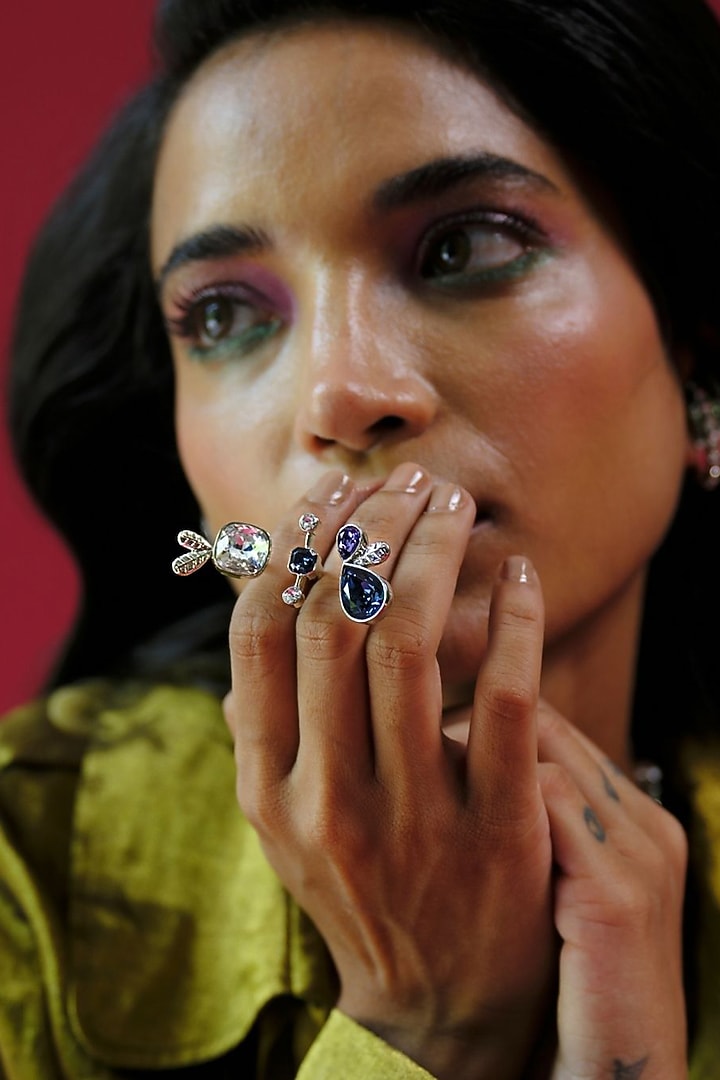 White Rhodium Finish Blue & Silver Swarovski Ring by ESME at Pernia's Pop Up Shop