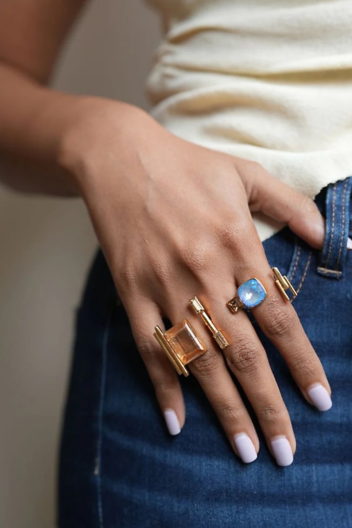 White Rhodium Finish Swarovski Three Finger Ring by ESME at Pernia's Pop Up Shop