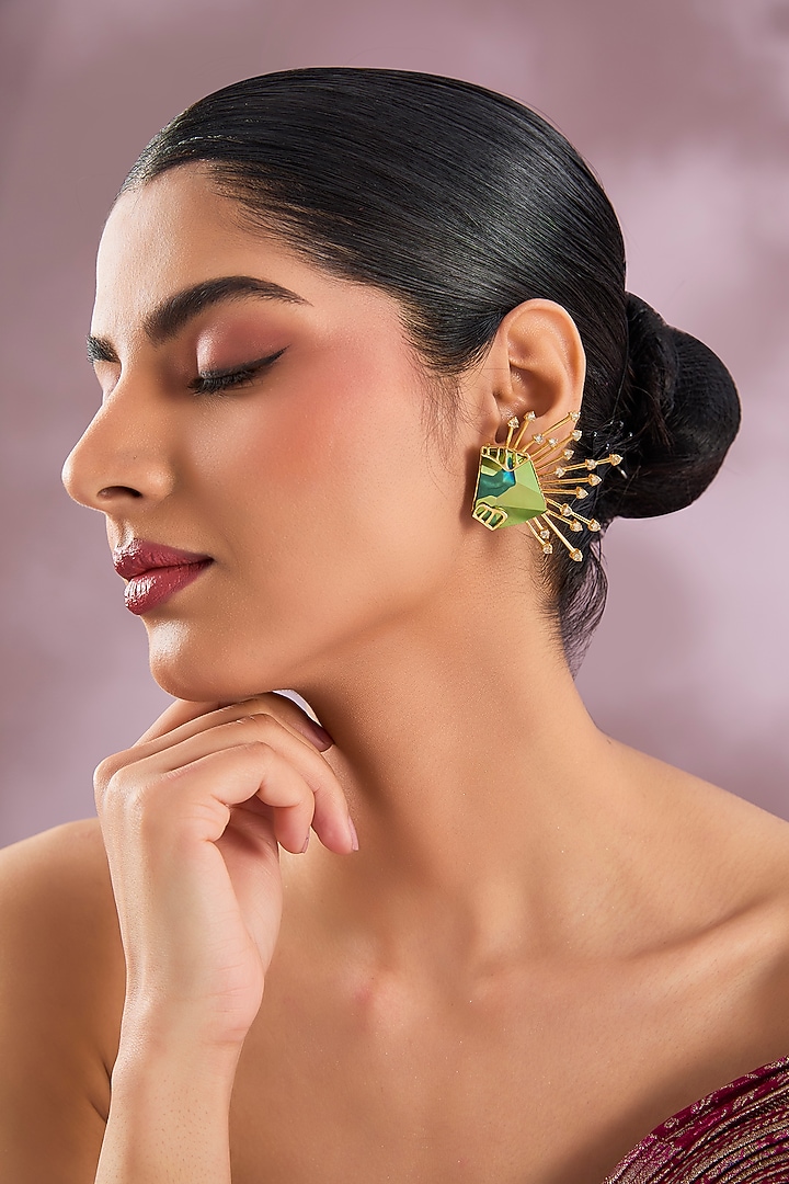 Gold Finish Green Stone Statement Earrings by ESME at Pernia's Pop Up Shop