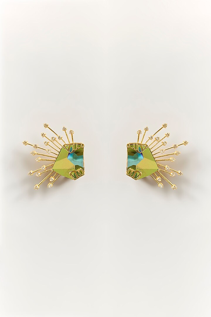 Gold Finish Green Stone Statement Earrings by ESME at Pernia's Pop Up Shop