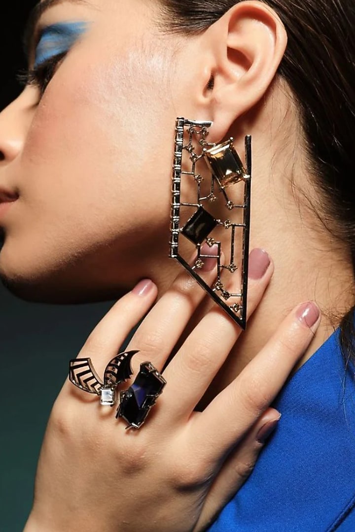 Gunmetal Rhodium Finish Cutwork Earrings by ESME at Pernia's Pop Up Shop