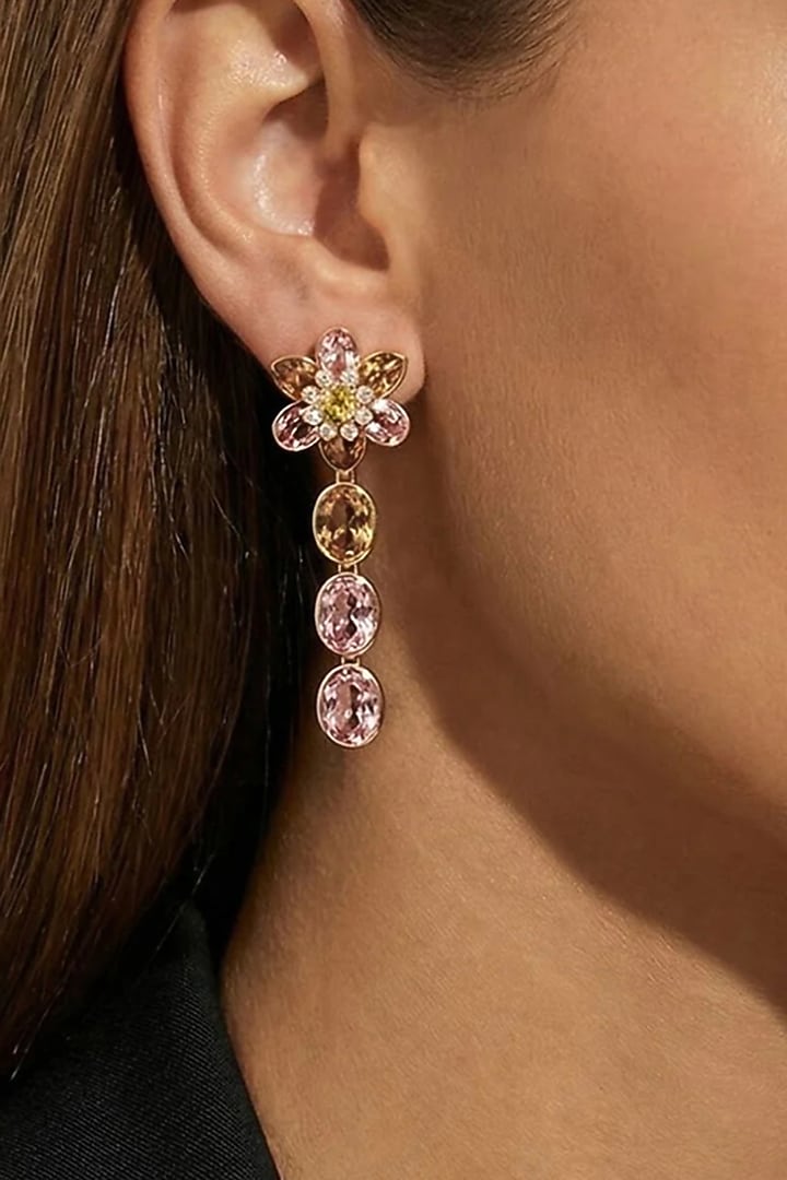 Gold Plated Swarovski Crystal & Floral Motif Dangler Earrings by ESME at Pernia's Pop Up Shop