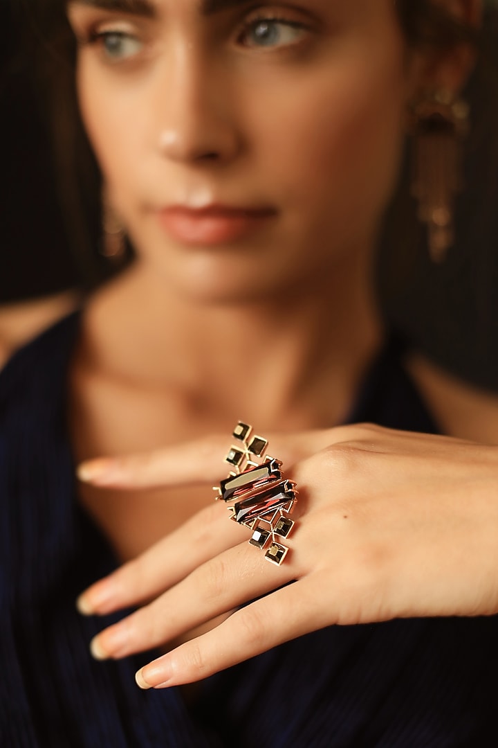 White Rhodium Finish Light Gold Swarovski Baguette Ring by ESME at Pernia's Pop Up Shop