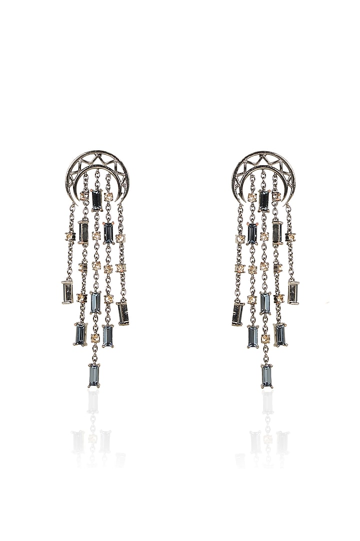 White Rhodium Finish Grey Swarovski Baguette Dangler Earrings by ESME at Pernia's Pop Up Shop