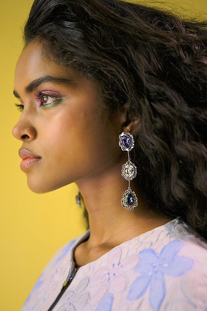 White Rhodium Finish Blue Swarovski Dangler Earrings by ESME at Pernia's Pop Up Shop