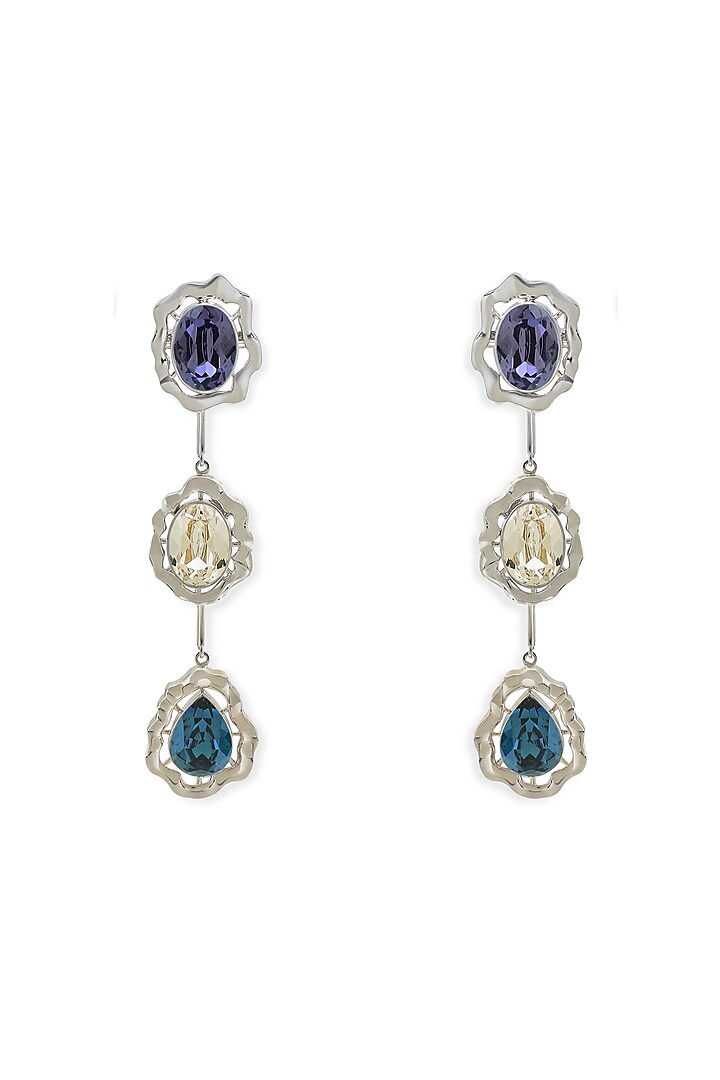 White Rhodium Finish Blue Swarovski Dangler Earrings by ESME at Pernia's Pop Up Shop